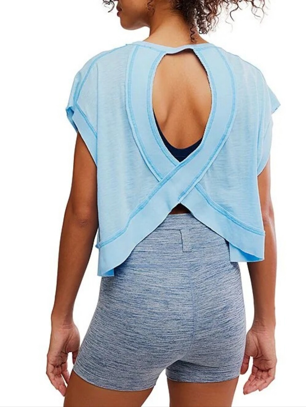 Free People FP Movement Light Blue My Time Tee Crop Top Cross Back Crew Neck S